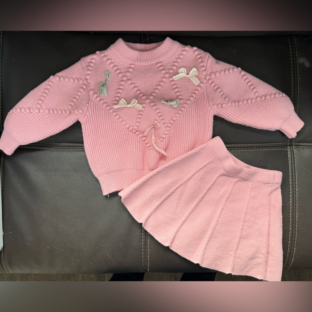 Pink Sweater and Skirt Set with Bows